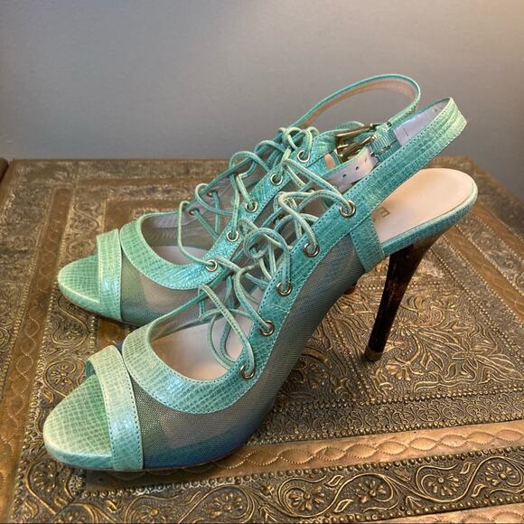 Escada Heals shoes size 6 open toe lace up Coquette tortoise pastel mint NEW - Picture 3 of 10